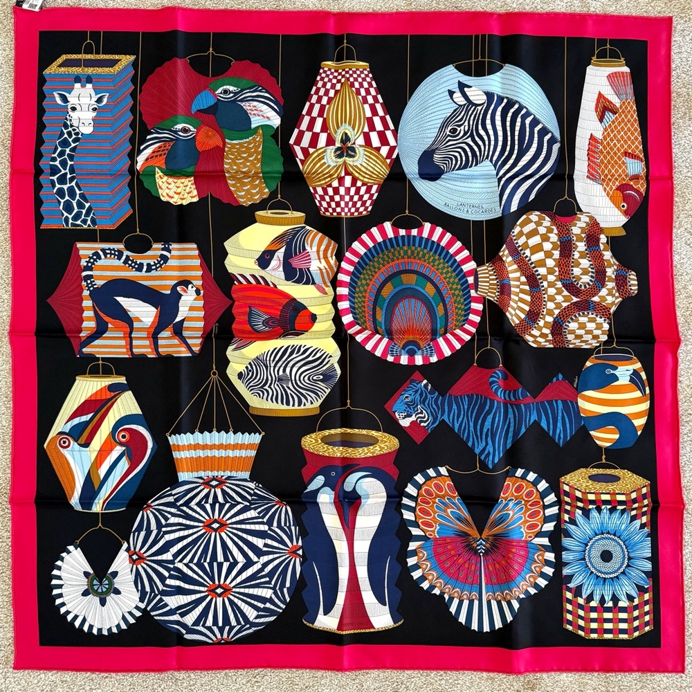Authentic Hermes 90cm silk scarf "Lanternes, Ballon's Et Cocardes"